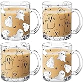 RimCereal 4 Pcs 12oz Halloween Ghosts Glass Coffee Mugs with Handle, Boo Basket Stuff Gifts Spooky Iced Coffee Cups, Cute Halloween Gifts for Family Holiday Party Drinkware Accessories