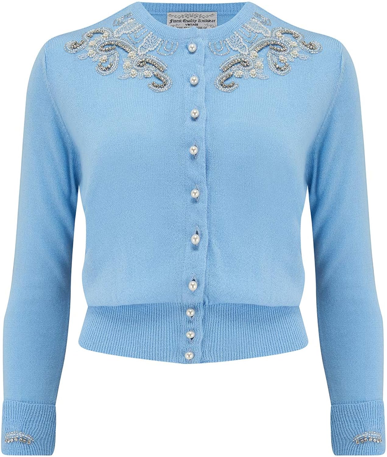 The Seamstress of Bloomsbury Hand Beaded Cardigan in Powder Blue