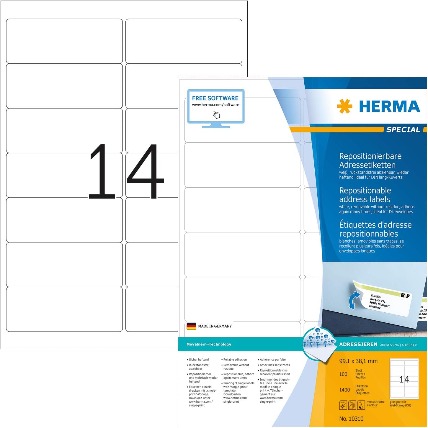 HERMA Self Adhesive Removable Labels, 14 Labels per A4 Sheet, 100 Sheets, 99.1 x 38.1 mm, 1400 Labels