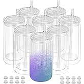 8 PCS Plastic Snow Globe Tumbler,16 oz Double Wall Tumbler with Pre Drilled Hole,Bulk Snow Globe Cups with Clear Lip and Straw,DIY Glitter Snowglobe(No gold powder)