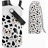 12 oz Kids Stainless Steel Water Bottle: Leakproof, 2-in-1 Straw Spout Lid, BPA-Free, Keep Cold 24H, Easy Clean, Insulated Cup with Carrier Bag for Sports, Travel, Camp, Children Gift (Moo Moo Cow)
