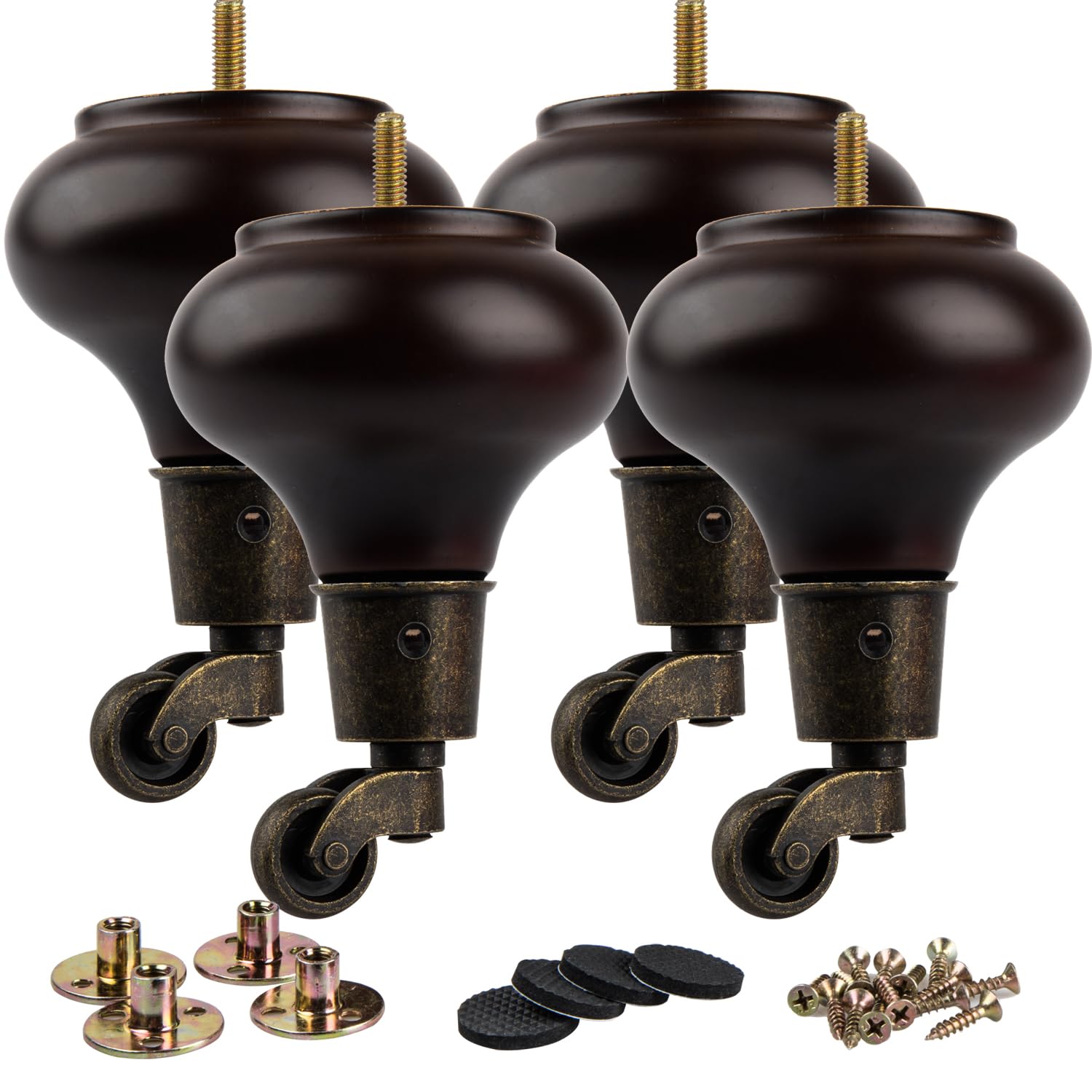 La Vane 5 inch Wooden Furniture Legs with Castor, 4PCS Soild Wood Walnut Turned Replacement Bun Feet with Pre-Drilled M8 Inch Bolt & Mounting Plate for Armchair Ottoman Recliner Chair Footstool — image 1