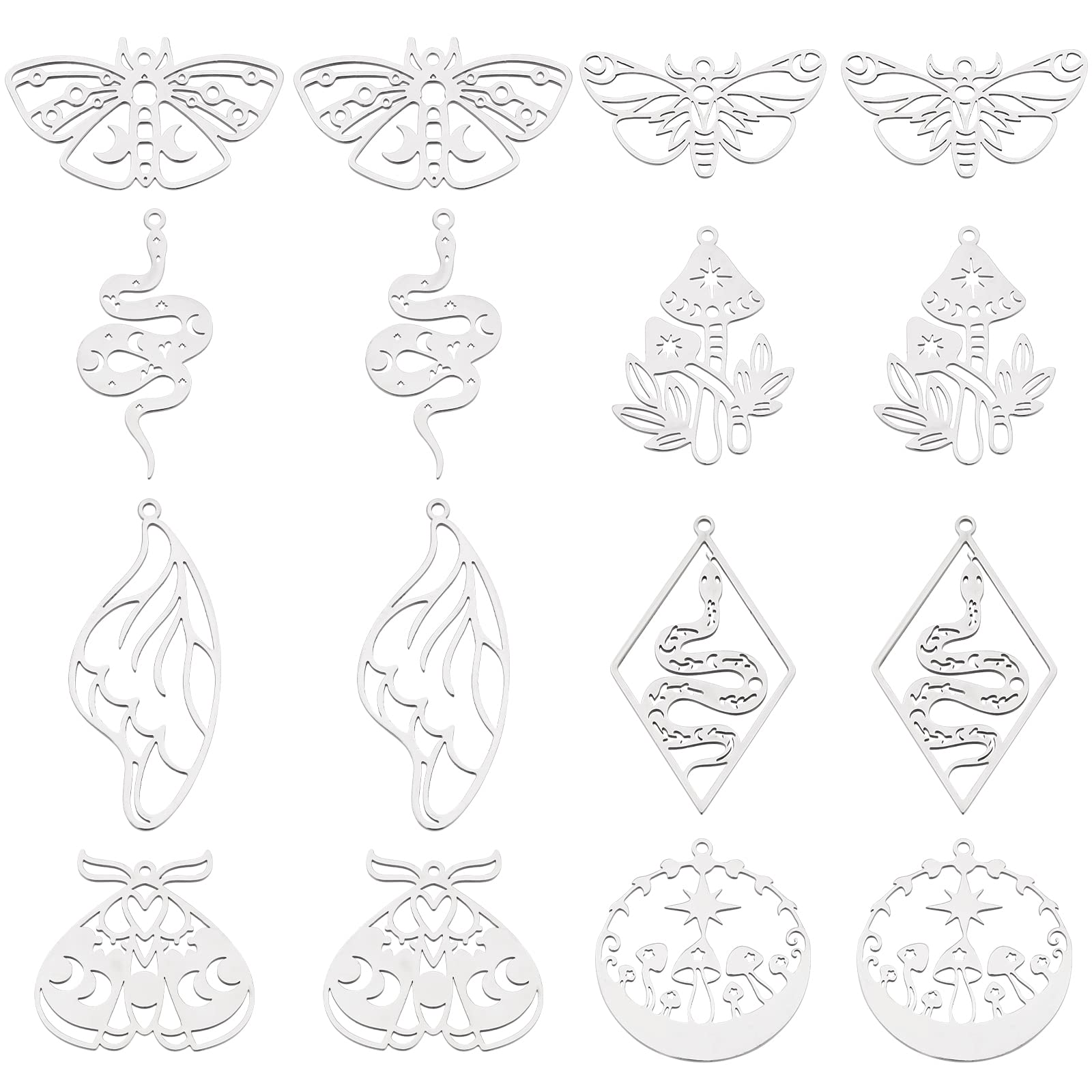 SUNNYCLUE 1 Box 16Pcs 8 Styles Stainless Steel Animal Charms Tarot Style Ladybugs Snake Mushroom Butterfly Wing Charm for Jewellery Making Charms Findings Accessories DIY Necklace Earring Craft Women — image 1