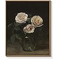 Framed Floral Wall Art Vintage Rose in Vase Picture Classical Flower Canvas Oil Painting Aesthetic Poster Still Life Wall Decor Ready to Hang for Bedroom Bathroom Home Office Decoration, 8x10 Inch