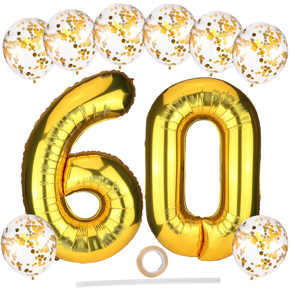 ZAWTR Gold 60 Number Balloons Set, 12pcs Incl. 40" Foil w/ 12" Confetti Balloons, Ribbon & Straw, 60th Birthday Party Decorations