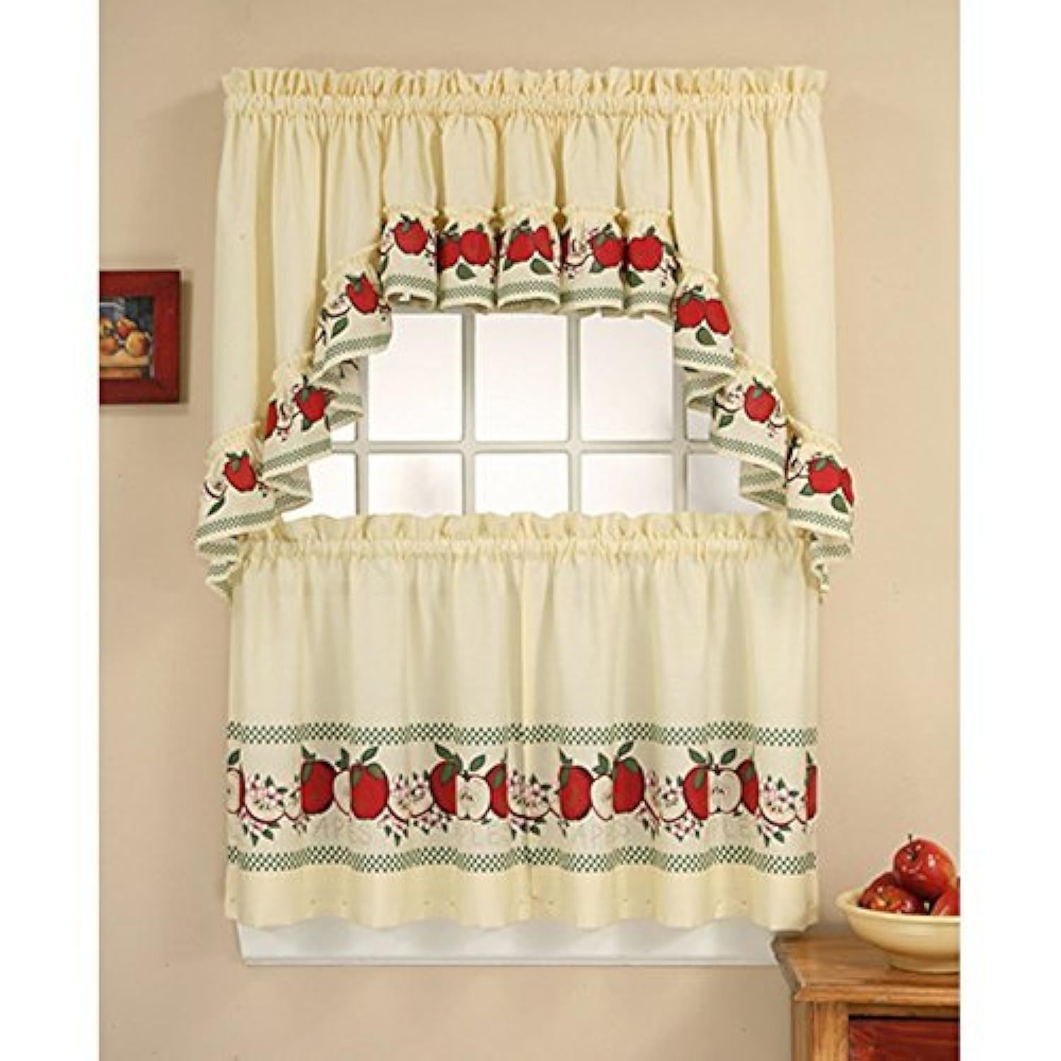 CHF Red Delicious Country Apples 3-Piece Window Curtain Tier Set, Ivory, 56-Inch X 36-Inch Multi