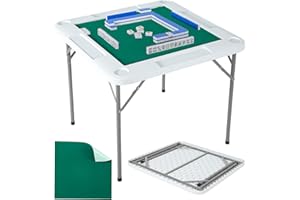 GarveeHome Mahjong Table 35.4 x 35.4-inch, 4 Player Folding Domino Table with Wear-Resistant Green Tabletop, Portable Square Card Desk with Cup Holders & Chip Trays for Mahjong Poker Puzzles