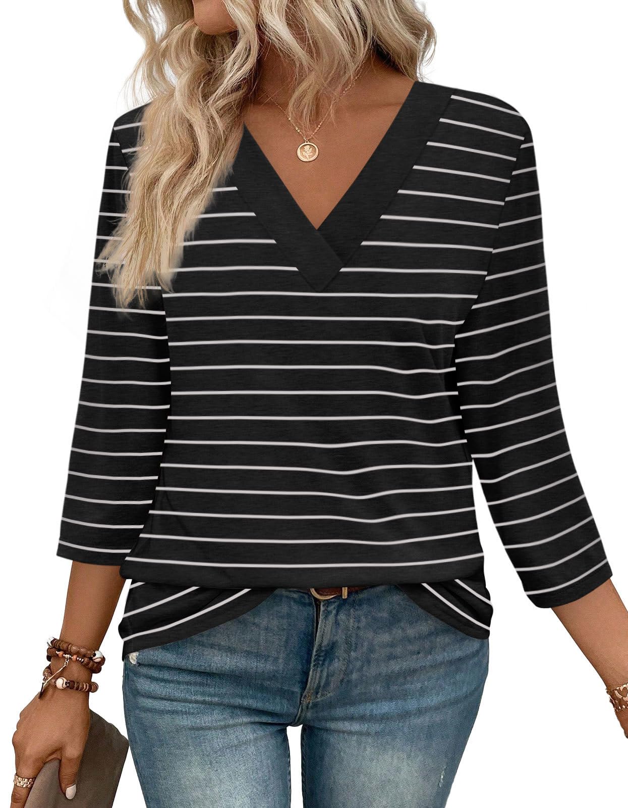 Photo 1 of WIHOLL 3/4 Length Sleeve Womens Tops V Neck Casual Tunic Tops Basic Shirts Loose Fit 2025 XL