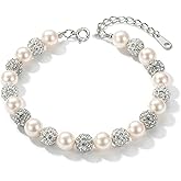 VANIPUFF Valentines Day Gifts for Her,6MM Pearl Crystal Bead Bracelets for Women,925 Sterling Silver Dainty White Pearl Link Bracelet to Daughter Trendy Rhinestone Silver Beads Chain Jewelry Gifts for Mother Daughter