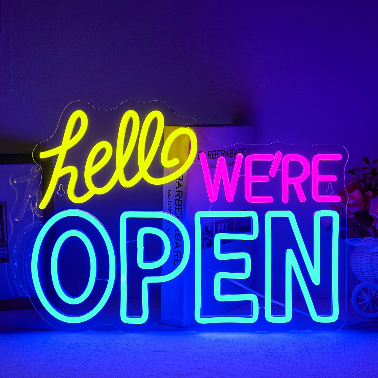Ineonlife Open Neon Sign, Dimmable Led Light for Wall Decor, Neon Light Up Signs with USB, Blue Yellow Pink Hello We're Open Neon Lights for Business Bar Shop Salon Hotel Cafe Store