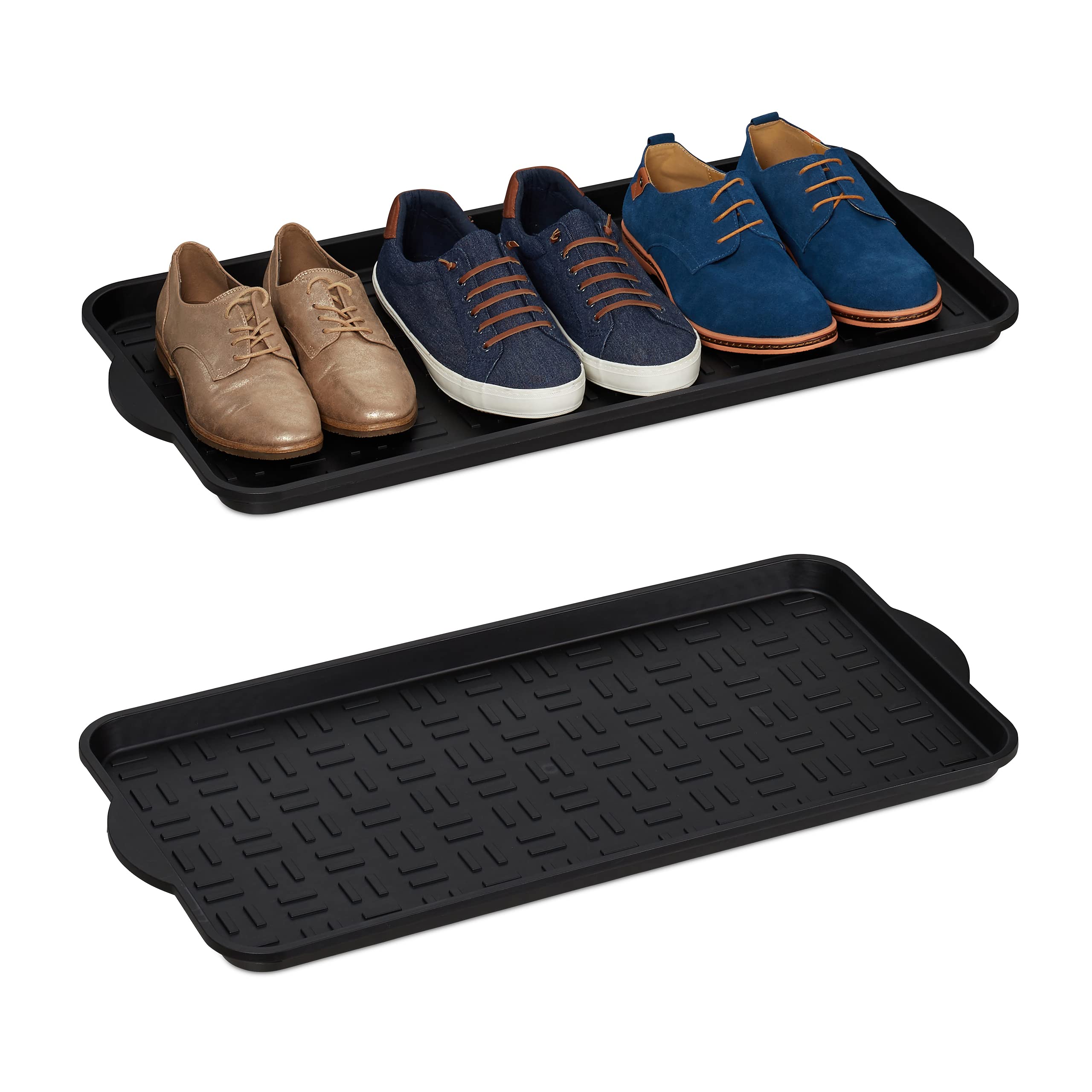 Relaxdays XL Shoe Tray Set Of 2, Plastic Boot Trays With Raised Rim, For 6-8 Pairs, Plastic, WxD: 75 x 36.5 cm, Black