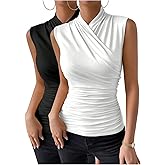 SOLY HUX Women's 2 Piece Tank Tops Ruched Wrap Mock Neck Sleeveless Slim Fit Casual Summer Top