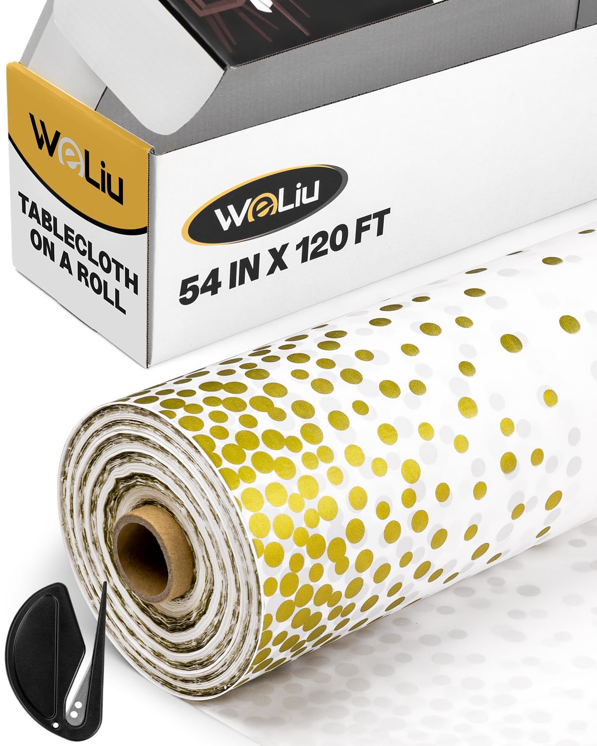 Photo 1 of WeLiu 54in x 120ft Table Cloth Plastic Table Cover Roll with Cutter, Disposable Tablecloth for Rectangle, Round Tables, Wedding, Halloween (White & Gold)
