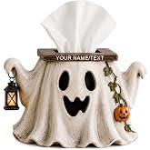 Halloween Ghost Holding Pumpkin Tissue Box Cover 6.3in H x 5.7in W | Customizable Text Resin halloween paper towel holder，Holiday Party Decoration for Home Tabletop, Fits Autumn Halloween Decor