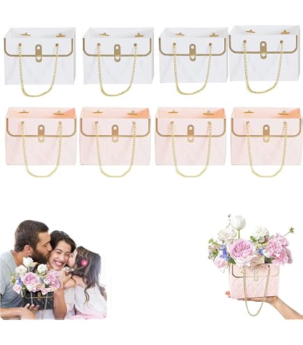 Mdgfge 4 Pcs Paper Flower Bags Bouquet Storage Bucket Florist Handbags With Metal Chain Floral Box Flower Wrapping Basket Boxes For Mother's Day Wedding Birthday Baby Shower Party Supplies