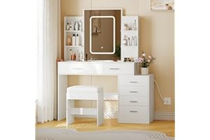 Makeup Vanity, Vanity Desk with Mirror and Lights, White Vanity with 6 Drawers and Shelves, Charging Station, Stool, 3 Lighti