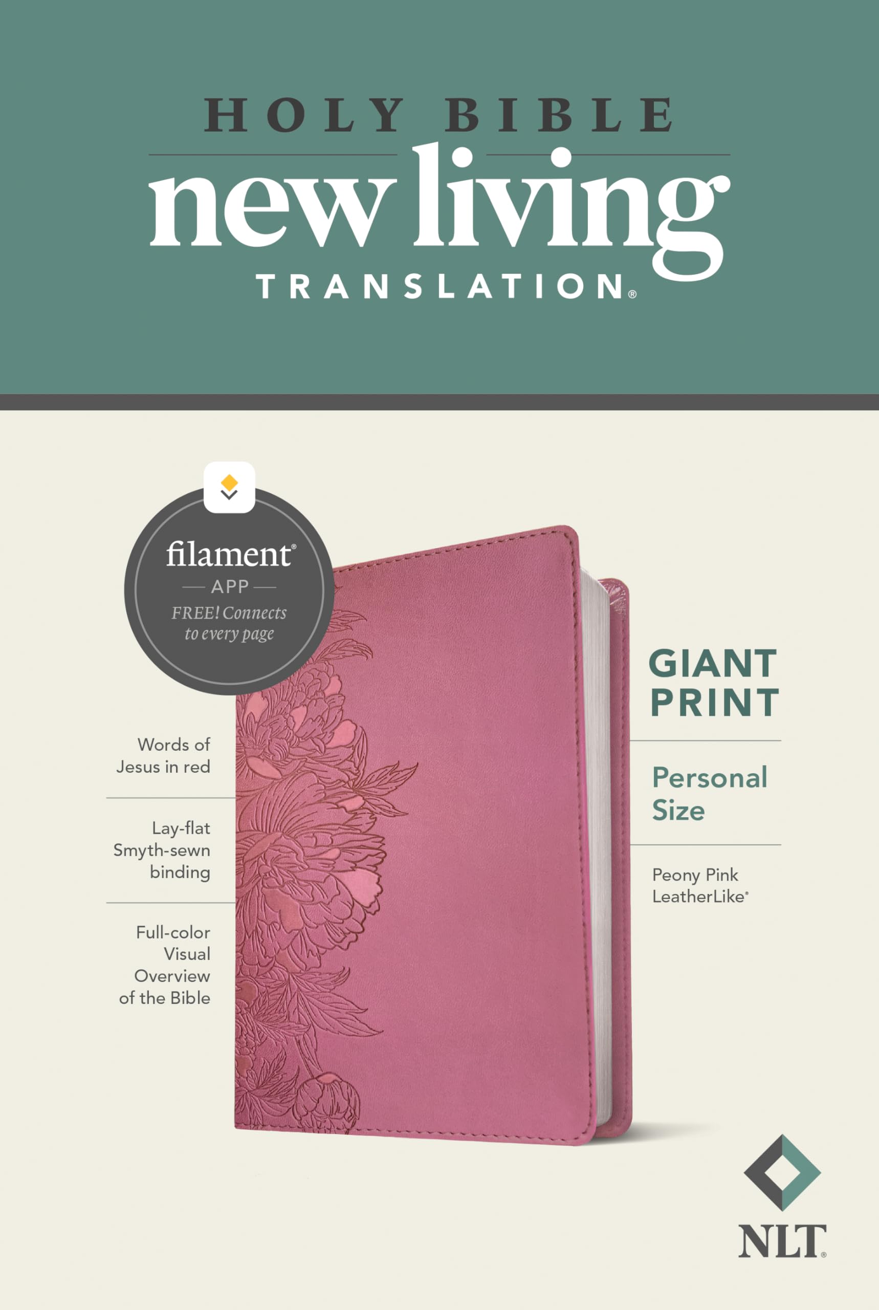 NLT Personal Size Giant Print Bible, Filament Enabled (LeatherLike, Peony Pink, Red Letter): Includes Free Access to the Filament Bible App Delivering ... Notes, Devotionals, Worship Music, and Video