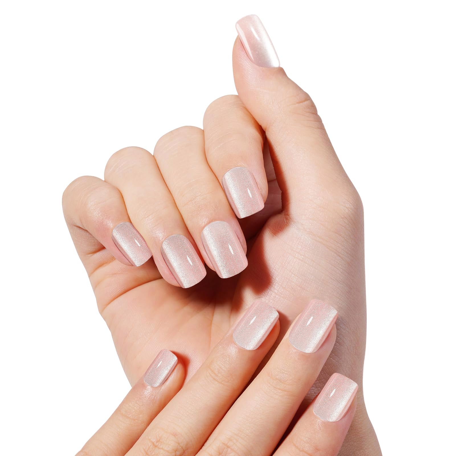 Kiiwah 48pcs Short Stick on False Nail, Square Press on Nails Tips, Fake Nails Cat Eye Pink for Artificial Nail Tips (11 Sizes)