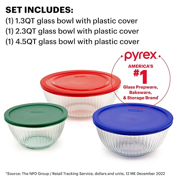 PYREX SCULPTED (3-PACK) GLASS MIXING BOWLS SET WITH PLASTIC LIDS FOR PREPPING, BAKING AND COOKING, PREHEATED OVEN, DISHWASHER, FREEZER, AND MICROWAVE SAFE