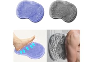 DECKALY 2 PCS Shower Foot & Back Scrubber Mat Hands Free Foot Massager Mat with Non-Slip Suction Cups, Wall Mounted Silicone Bathroom Wash Foot Pad Exfoliating Dead Skin Foot Brush (Grey & Purple)
