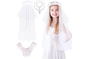 AUGSUN 4Pcs Girls First Communion Veils Set - White Pearl Floral Crown Veil, Lace Gloves, Necklace & Bracelet for Girls Wedding Party Costume
