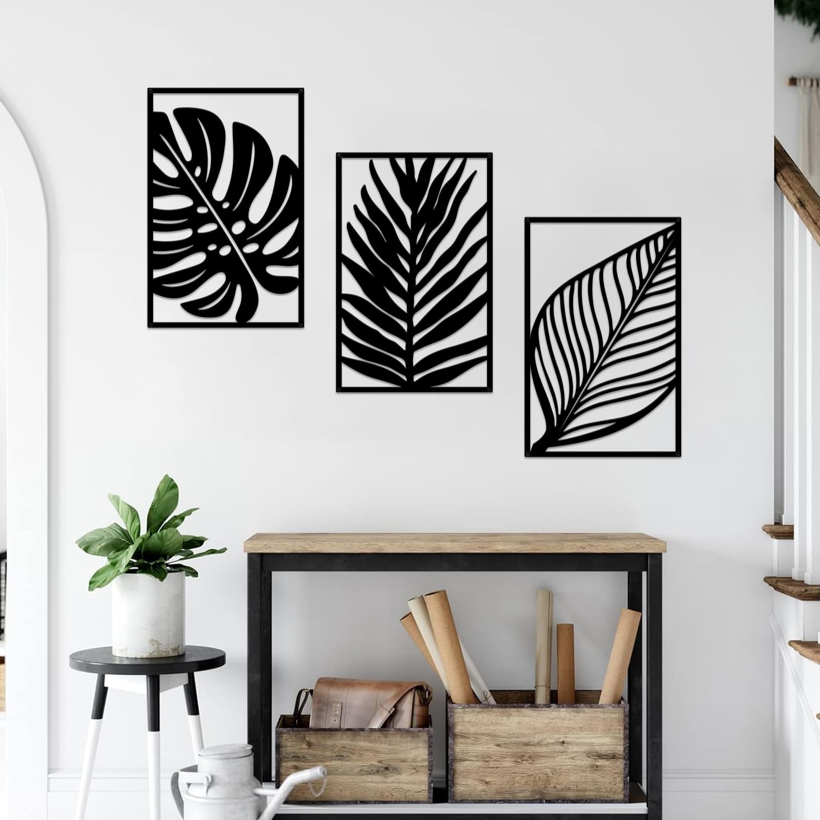 Resama 3 Pcs Boho Metal Wall Art Decor Leaf Sign Wall Vintage Tropical Plant Wall Rustic Palm Leaf Metal Wall Sculpture for Living room Bathroom Bedroom Office