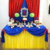5 Pcs Princess Snow Party Decor Blue and Yellow Table Skirt 30 x 108 in | Blue Satin Tablecloth, Yellow Mesh Table Skirt, Red Bow Clips, for Dessert or Cake Table, Birthday Christmas Decor