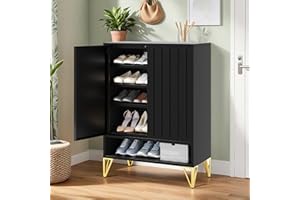 DWVO 5-Tier Fluted Shoe Cabinet with Doors, Steel Shoe Rack with Adjustable Shelves, Modern Entryway Organizer Storage Cabinet for Hallway, Foyer, Living Room, Black & Golden