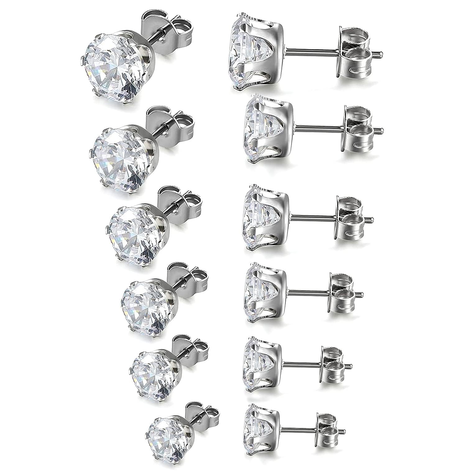 JewelryWe 6 Paris Cubic Zirconia Stud Earrings Set Stainless Steel Cartilage Studs Earrings for Women Men Girls 3mm-8mm