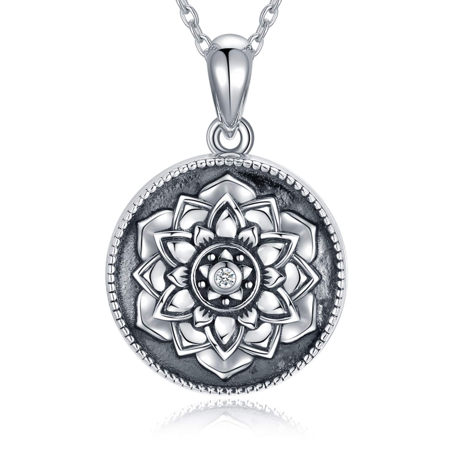 SOULMEET 925 Personalized Lotus Flower Sterling Silver Locket Necklace That Holds Pictures Photos Round Shaped Locket Jewelry Gift for Women Girls