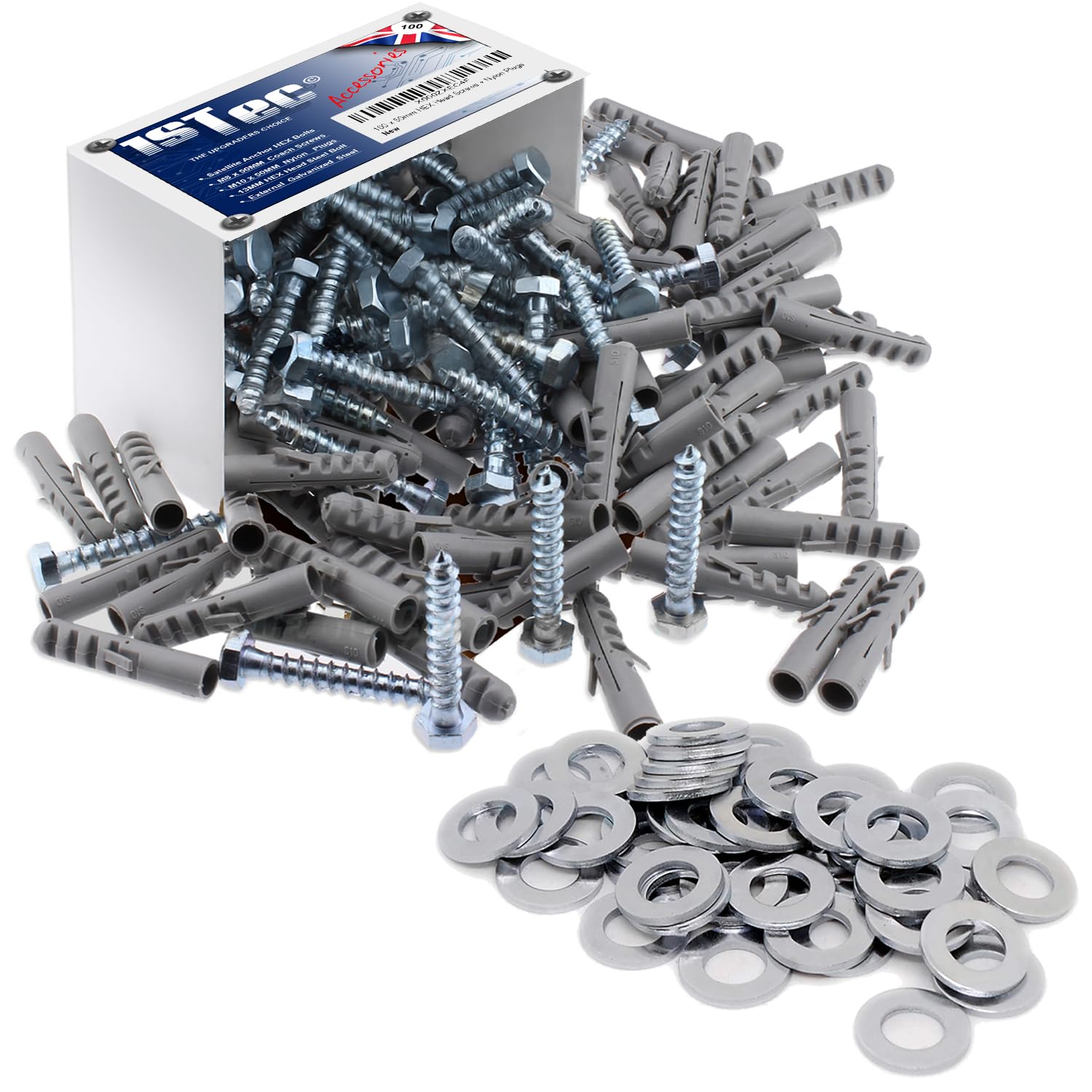 1STec 100 x M10 x 50 mm Strong Galvanised Satellite Anchor Nylon Mungo Wall Plug + Heavy Duty Coach Screw with 13mm HEX Bolt Head for Fixing Aerial Mast Sky Dishes TV Mount Brackets Shelving Racking