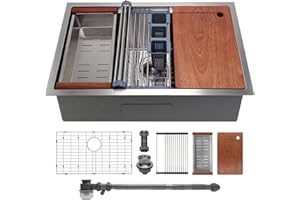 SANYCASA 32" x 19" Multifunctional Undermount Workstation Kitchen Sink S304 Stainless Steel Handmade Modern Single Bowl Kitchen Sink with Accessories and Integrated