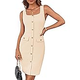 GRACE KARIN 2025 Women's Buttons Belted Square Neck Business Work Dress Sleeveless Bodycon Midi Dress
