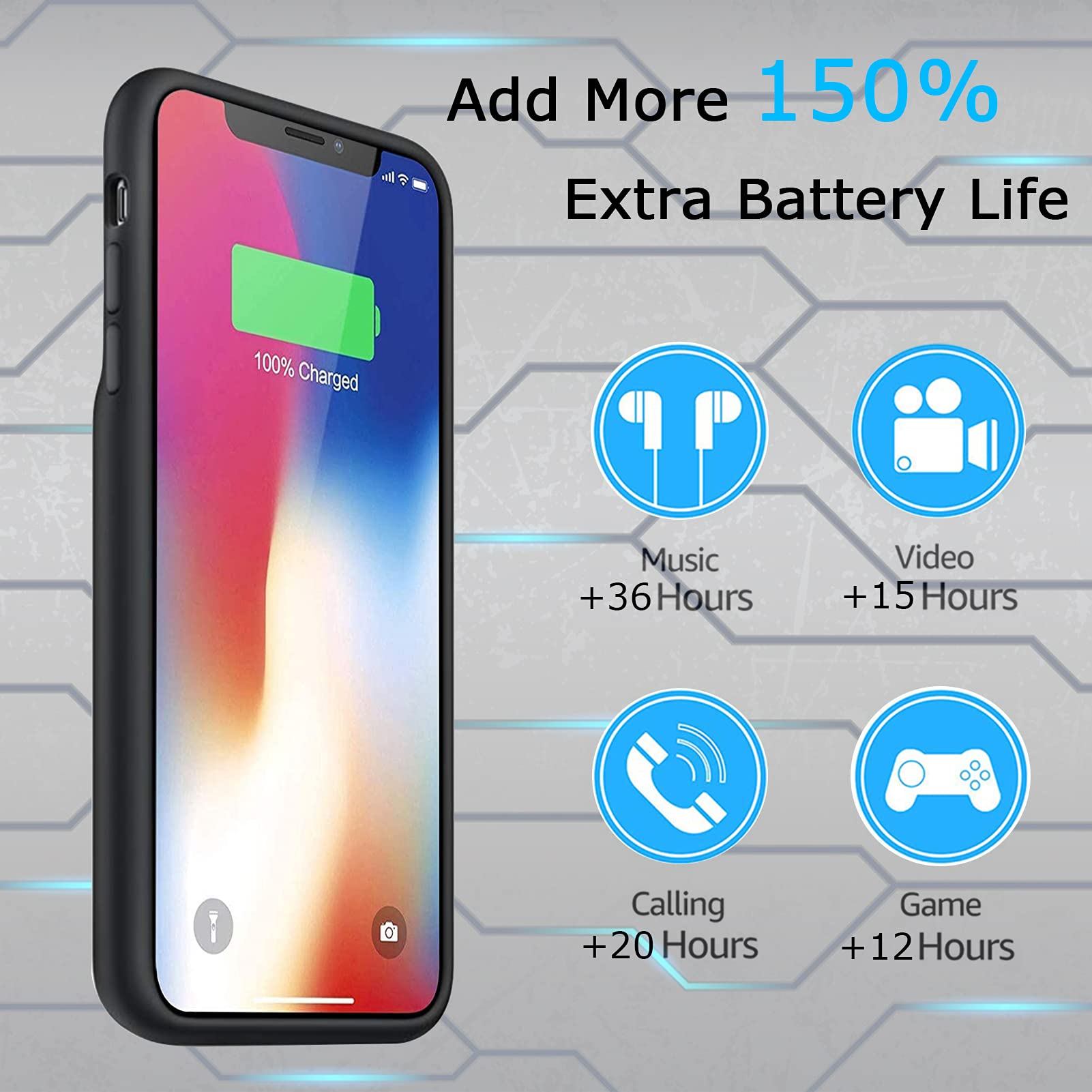 KCKEM Battery Case for iPhone X/XS, Upgraded 7000mAh Ultra-Slim Portable Rechargeable Extended Pack Charging Compatible with X/XS (5.8 inch) Power Bank Charger Cover & Carplay (Black) (FYT-A68)