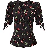 Belle Poque Women's V Neck Puff Sleeve Blouse Vintage Shirts for Women 1950s