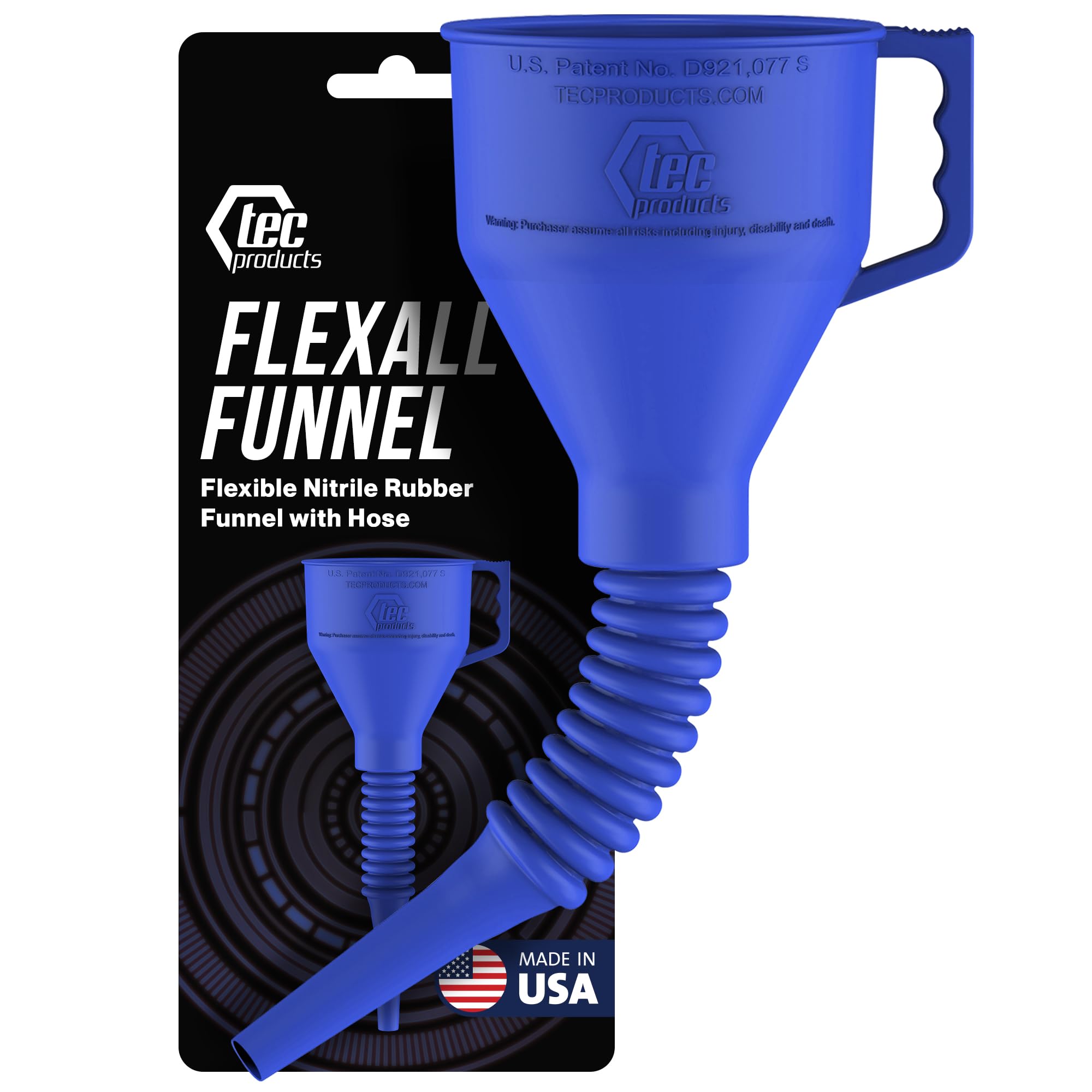 Photo 1 of TEC Products FlexAll Long Flexible Funnel for Automotive Use - Durable Nitrile Rubber - Ideal for Car Oil Change, Transmission Funnel Fluid, Diesel, Fuel, Gas - Made in USA - Blue (16 x 5 Inches)