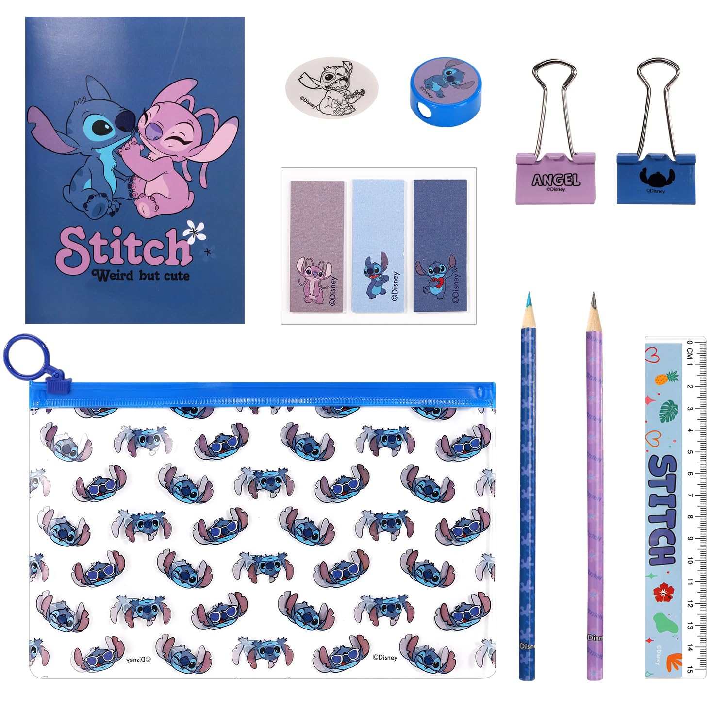 Disney Stitch 9pcs Transparent Filled Pencil Case Stationery Set Waterproof Boys Girls Kids Children School Travel Exam