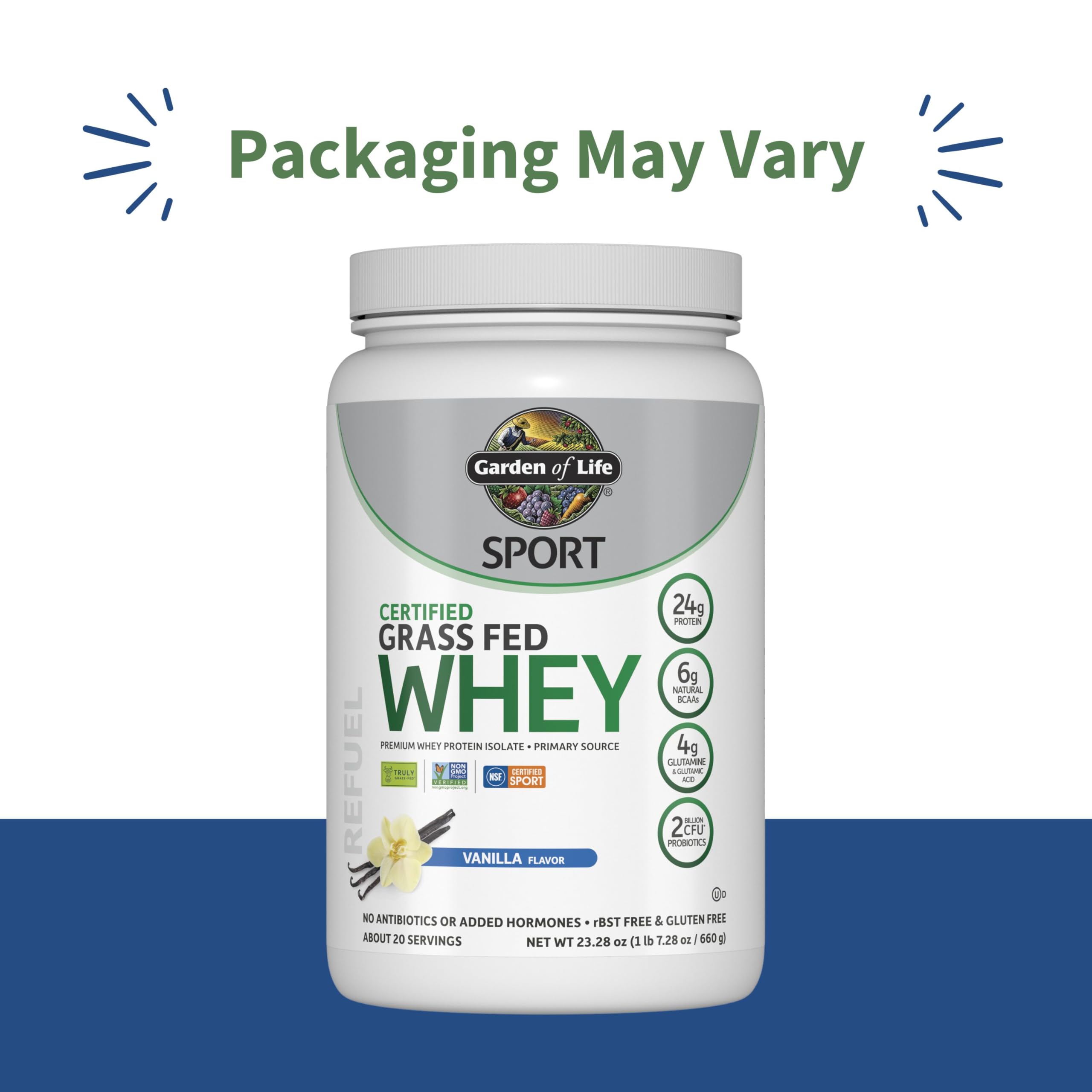 Garden of Life SPORT Whey Protein Powder Vanilla, Premium Grass Fed Whey Protein Isolate plus Probiotics for Immune System Health, 24g Protein, Non GMO, Gluten Free, Cold Processed - 20 Servings