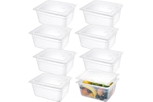 Huwena 8 Pack Plastic Food Pans with Lids 1/2 Size Plastic Pan Stackable Commercial Pans with Lids Translucent Pp Food Storage Container for Hotel Kitchen Restaurant (6 Inch Deep)