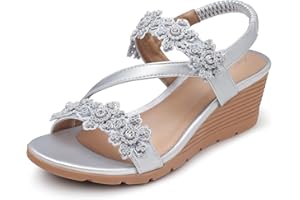 SHIBEVER Wedge Sandals for Women Dressy: Summer Open Toe Low Platform Wedges Sandals Elastic Ankle Strap Flower Comfortable Casual Shoes