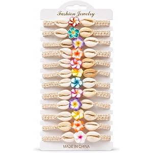 Chotsian 12PCS Hawaiian Bracelets for Women, Plumeria Flower Cowrie Shell Bracelet Set, Boho Tropical Beach Jewelry, Pawaiian