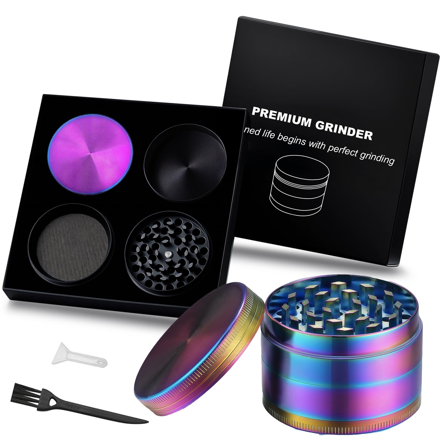 Spespo Rainbow Herb Grinder, 4 Pieces 2" Zinc Alloy Metal Grinder,Colourful Spice Crusher with Pollen Catcher