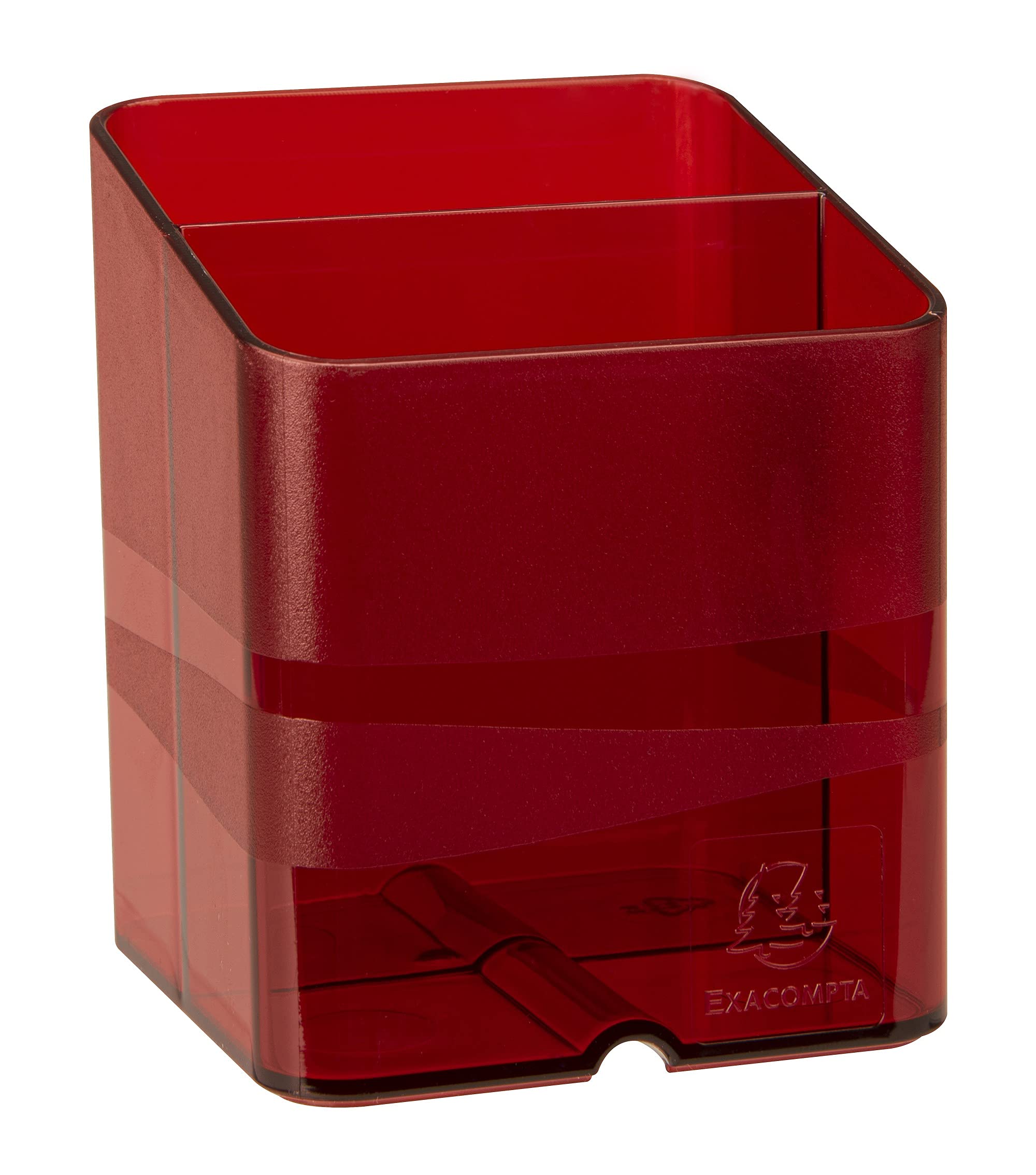 Exacompta - Ref 67724D - Chromaline Collection - Pen-Cube Pen Pot - 74 x 74 x 93mm, 2 Sections for Pens & Pencils, Space-Saving Solution for Offices - Translucent Red