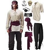 Verceco Mens Pirate Costume Outfit Renaissance Costume Men Medieval Outfit With Pirate Pants Shirts Sash Accessories (khaki, Medium)