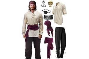 Verceco Mens Pirate Costume Outfit Renaissance Costume Men Medieval Outfit With Pirate Pants Shirts Sash Accessories