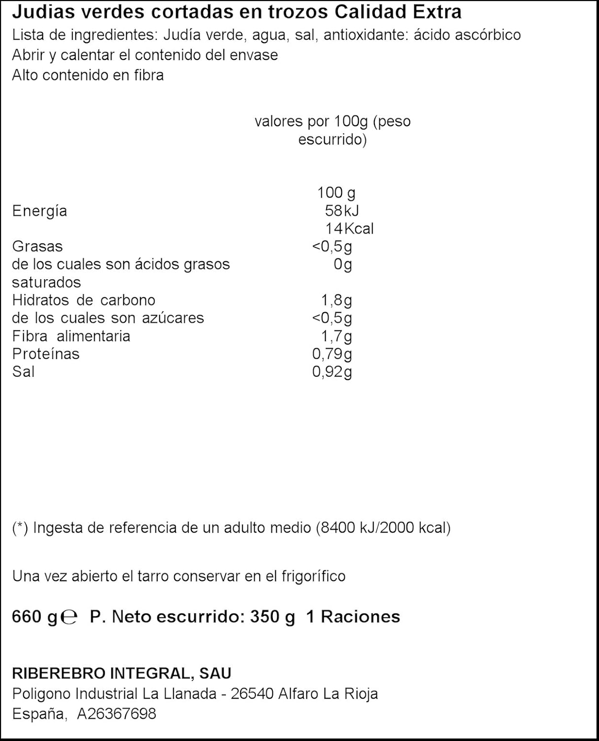 Gvtarra - Judías verdes cortadas en trozos - 720 g: Amazon.es ...