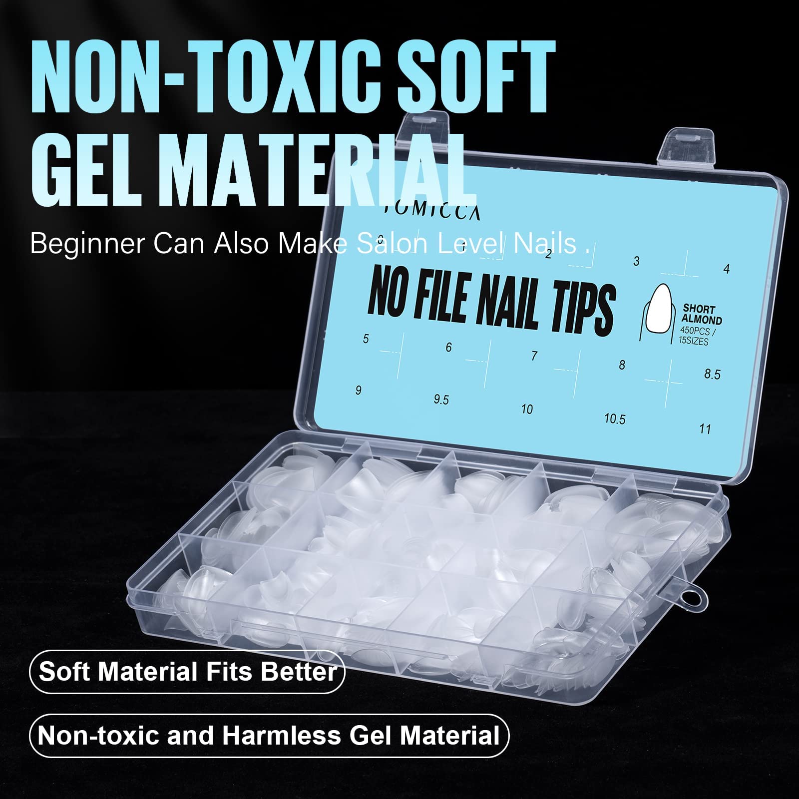 TOMICCA Short Almond Nail Tips - 450Pcs Acrylic Nail Tips Kit, 15 Sizes Pre Buffed Almond False Tips, Full Cover Double-sided Matte Nails for Nail Art Extension Press on Nails - Image 7