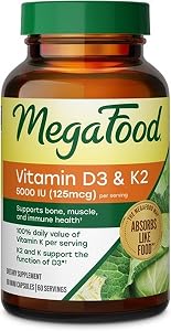 MegaFood Vitamin D3 & K2 5000 IU (125 mcg), 60 Mini Capsules | Supports Bone, Teeth, Muscle & Immune Health, Vitamin K2 & K S