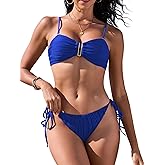 ZAFUL Women's U Wired Bikini Set Textured Bandeau Swimwear Tie Side High Cut Swimsuit Sexy 2 Piece Bathing Suit