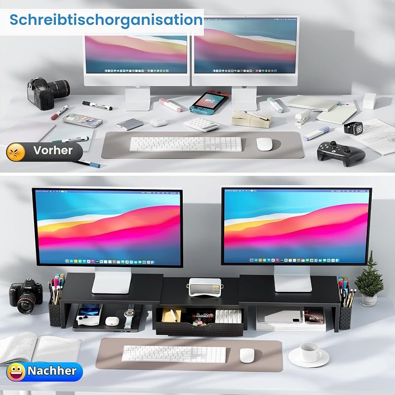 Doppel Monitorständer, Metall Monitor Erhöhung mit Schublade und 2 Stifthaltern, einstellbare Länge und Neigung – Dual Monitor Stand Riser für Laptop, PC, Computer, Drucker (Schwarz)